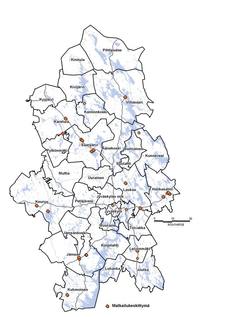 KESKI-SUOMEN KAUPALLINEN PALVELUVERKKO 5 7 Liite 7. Nykyiset matkailukeskittymät Keski-Suomessa Keski-Suomen maakunnan matkailukeskittymät.