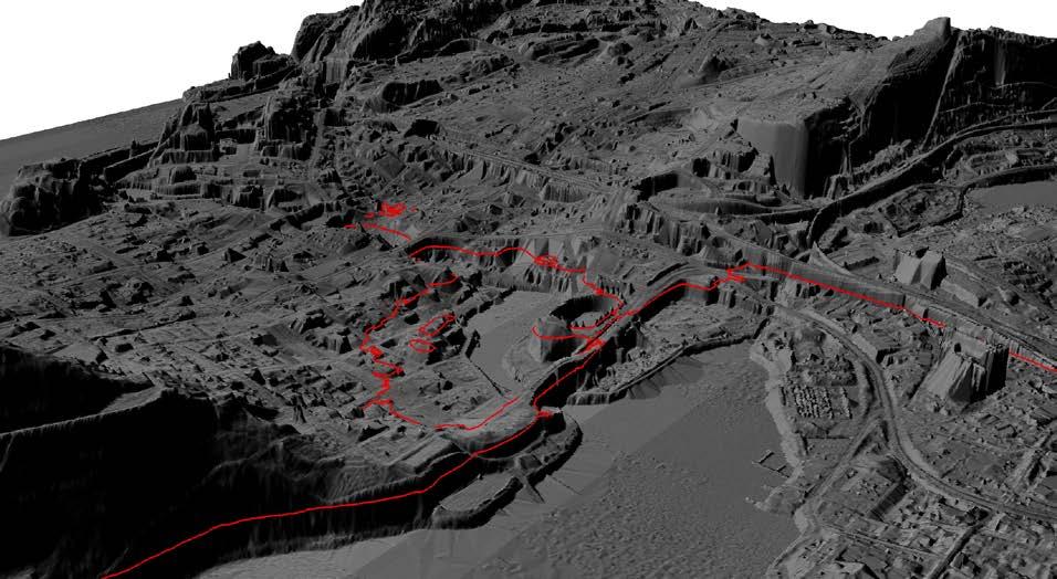 CityGeoModel kaupunkien geomallit 12 Kuva 6. Vaihtoehtoinen hieman eteläisempi ja ulottuvuuksiltaan pienempi mahdollinen Tammerkoskijärven alue erotettuna punaisella maanpintamallissa.