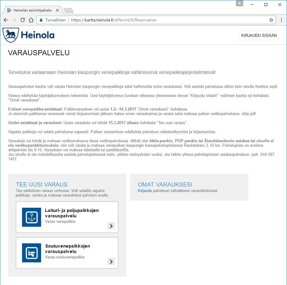 2. Vapaita paikkoja voi selata palvelussa ilman kirjautumista. Varataksesi paikan, sinun täytyy luoda käyttäjätunnus. Kun haluat luoda tunnuksen, paina sivun ylälaidassa Kirjaudu sisään -linkkiä.