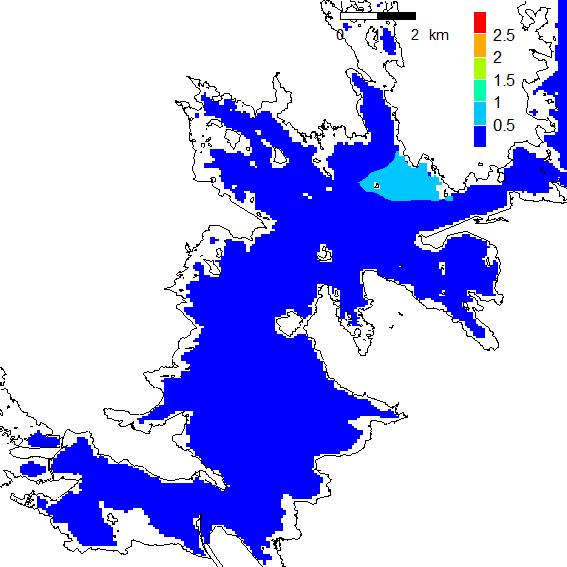 P8WA 0-1m, 4-5m P9WA 0-1m, 4-5m Kuva L1-4: Leviämien kuormituspisteistä P8 ja P9, pintakuormitus, heinäkuun 2010 keskipitoisuus pintakerroksesta ja 4-5 m syvyyskerroksesta.