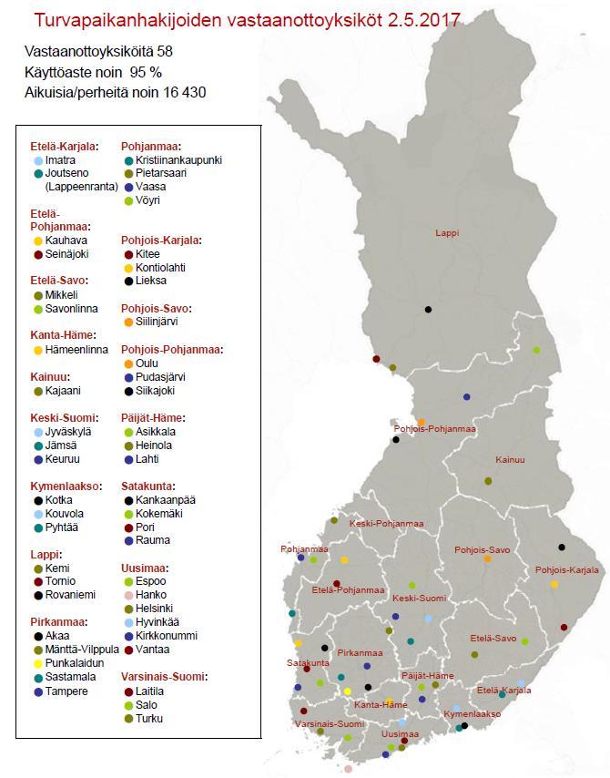 Vastaanottojärjestelmän piirissä 16 705 henkeä Aikuisia/perheitä 16 430 Yksintulleita alaikäisiä 275 SPR:llä Suomessa 36, joista 5