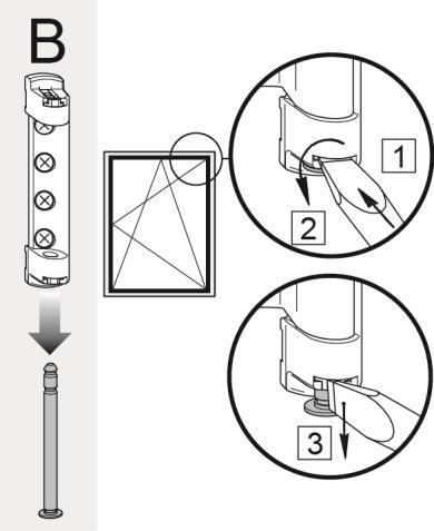 Puitteen asennus (A) - Aseta alasarana paikoilleen laita ikkuna kiinni ja lukitse yläsarana saranatapilla.