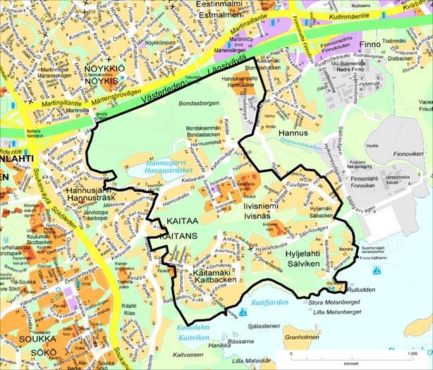 Kaupunkisuunnittelulautakunta 10.06.2015 Sivu 3 / 3 Kaitaa - Iivisniemi osayleiskaava-alue on osa laajempaa Finnoo - Kaitaa visiota sekä tulevaa Länsimetron jatketta Matinkylästä länteen.