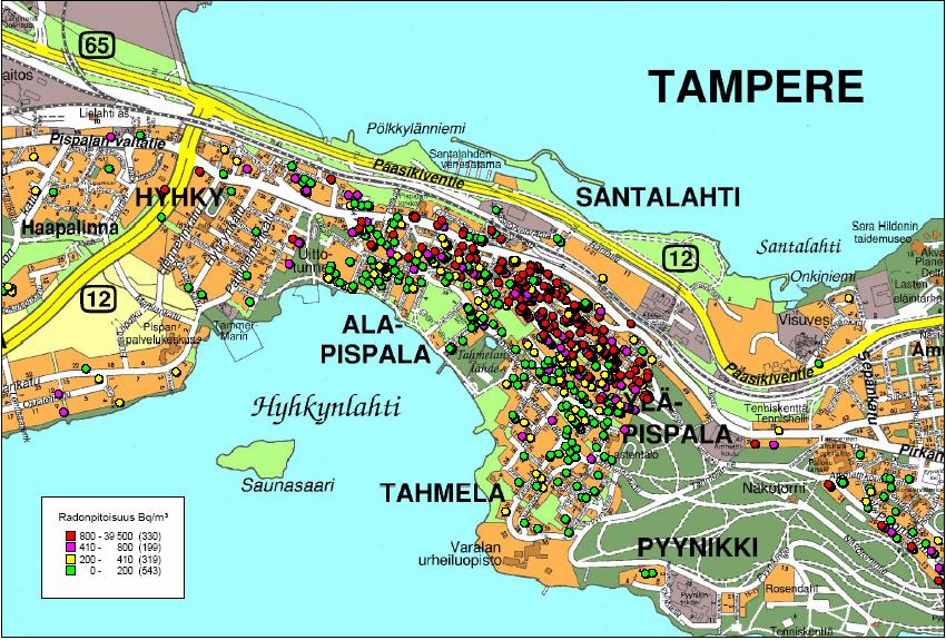 TAMPEREEN AMMATTIKORKEAKOULU TUTKINTOTYÖ 13(49) Rakennustekniikka, Kiinteistönpitotekniikka Sanna-Kaisa Raatikainen, Katariina Tuhola Kuva 4 Radonin esiintyminen Pispalanharjulla /15/ 3.