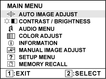 Säädä näytön kuvaa seuraavasti: 1. Tuo päävalikko esiin painamalla [1]-painiketta. HUOMAA: Kaikki OSD-valikot ja ohjausnäytöt poistuvat automaattisesti noin 15 sekunnin kuluttua.