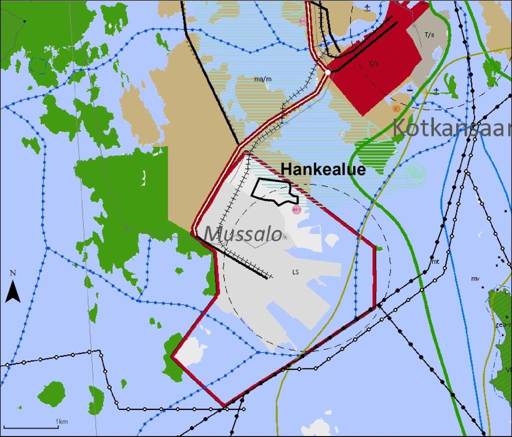 Ympärstövakutusten vontohjelma 8() Kuva. Ote Kymenlaakson maakuntakaavasta. Hankealue (tumma rajaus) sjottuu satama-alue-merknnän (LS) alueelle.