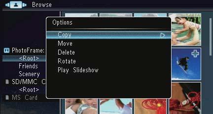 » Asetusvalikko tulee näyttöön.» Numeropainikkeet näkyvät. [Copy] [Move] [Delete] [Rotate] [Play Slideshow] FI 15