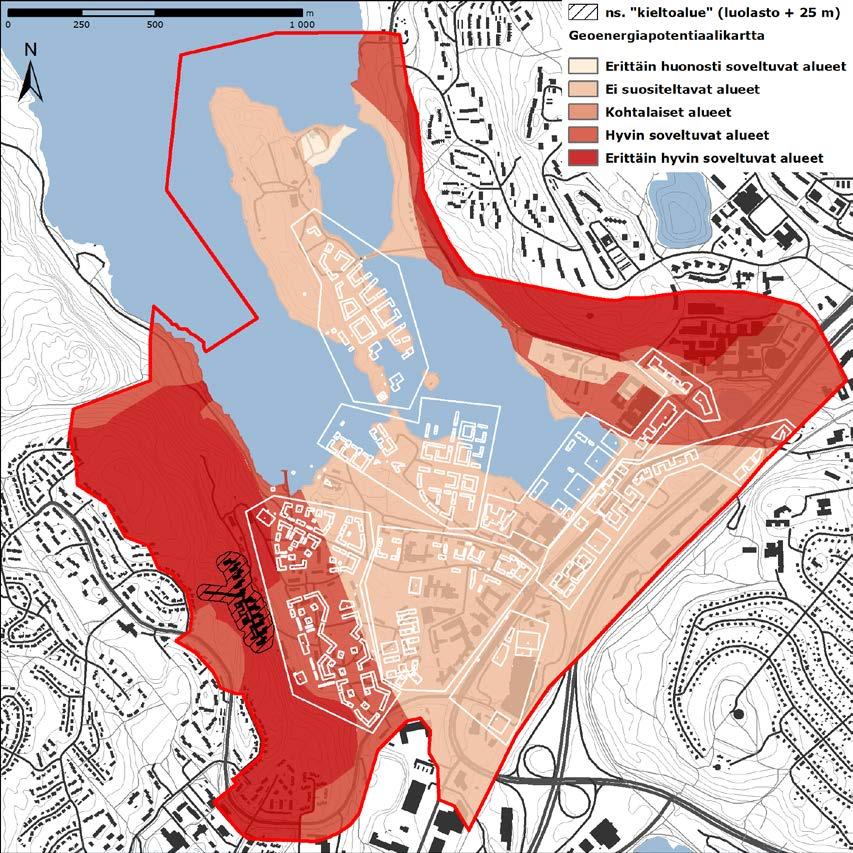 Geoenergiapotentiaali Geoenergiapotentiaaliluokka 2 - maa-aineksen paksuus 20 m - kallioperän lämmönjohtavuus 2,90 W/mk Erittäin huonosti soveltuvat alueet Huonosti soveltuvat alueet Kohtalaiset