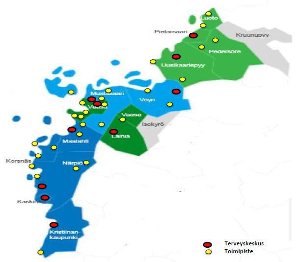 Kuva 1. Avoterveydenhuollon toimipisteet 1.1.2017 Kruunupyy: väestö 6620 as. (Asukasluvut 31.12.2016) Pietarsaaren sosiaali- ja terveysvirasto (väestö 43 136 as.