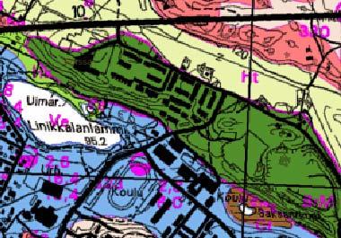 Tehdyt 2007 AIRIX Ympäristö Oy: Valtatien 10 liikennemeluselvitys. Kartassa näkyy ennusteen mukainen päiväaikainen melukäyrä 55 db. Maaperä Kaava-alue sijoittuu harjun pohjoispuolelle.