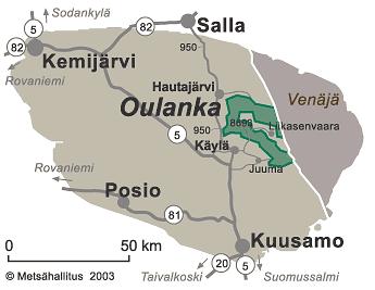 10 2 TAUSTATIETOA 2.1 Oulangan kansallispuisto 2.1.1 Sijainti ja palvelut Oulangan kansallispuisto sijaitsee Pohjois-Pohjanmaan ja Lapin maakuntien alueella Kuusamon ja Sallan kunnissa.