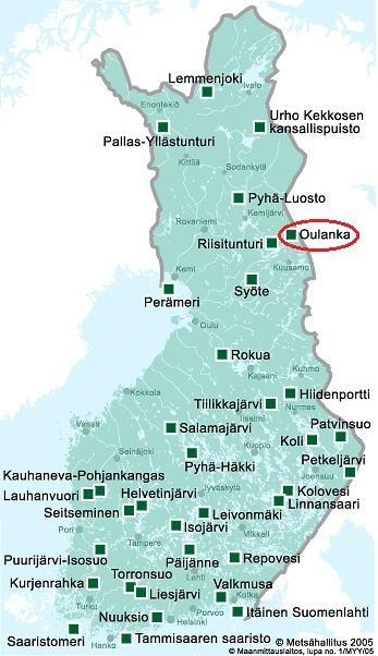 11 Kuvio 2. Oulangan kansallispuiston sijoittuminen Suomen kartalla. (Kansallispuistot 26.1.2009.
