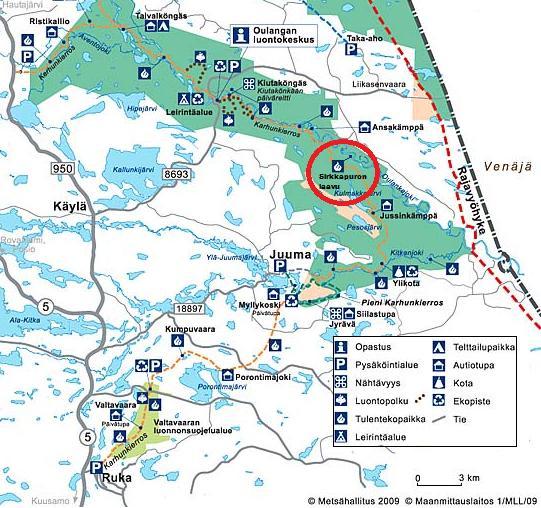 36 Kuvio 15. Sirkkapuron laavu sijaitsee Oulankajoella melontareitin varrella. (Oulangan kulkuyhteydet ja kartat 7.1.2010.) Kansallispuistojen ensisijainen tarkoitus on luonnonsuojelu.