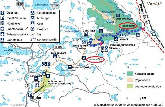 37 Koskenlasku on yksi suosituimmista yritysten tarjoamista aktiviteeteista Oulangan kansallispuiston alueella. Reitti valitaan vaikeustason ja osallistujien kokemuksen perusteella.