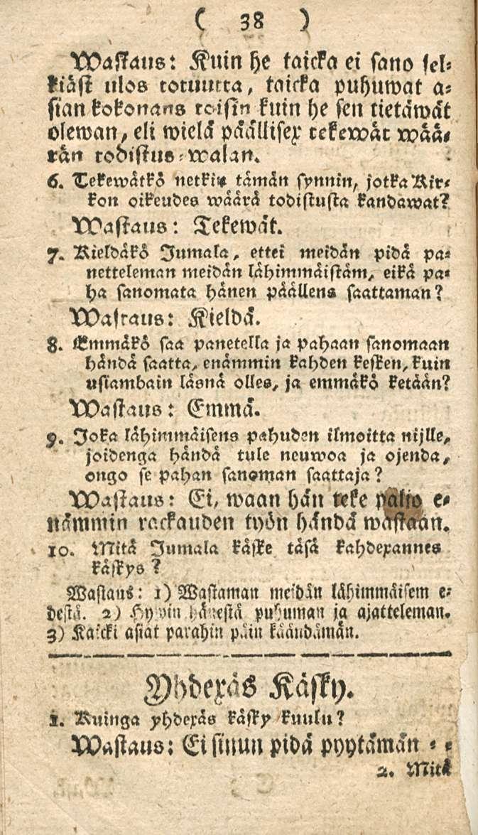 38 Uyassaus: Kuin he taicka ei sano felliäst ulos roruurra, taisfa puhuwat a- sian roisin knin he sen tietämät oleman, eli wiel<s päallisez- rekervär wää,»än rocnstu» walan. 6.