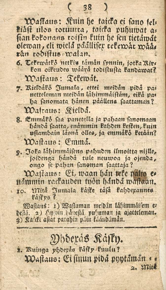 38 Uyassaus: Kuin he taicka ei sano felliäst ulos roruurra, taisfa puhuwat a- sian roisin knin he sen tietämät oleman, eli wiel<s päallisez- rekervär wää,»än rocnstu» walan. 6.