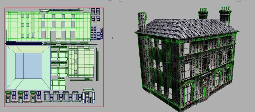 Kuvio 12. Talon 3D-malli sananmukaisesti leikataan osiin jotka jokainen litistetään tasolle, aivan kuin purkaisit pahvilaatikon saadaksesi sen littanaksi.