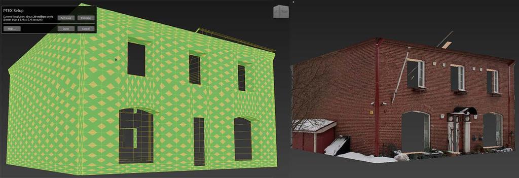 20 (42) Kuvio 20. Vasemmalla Mudbox näyttää 3D-mallisi päällä Ptex tekstuurin tarkkuuden. Näin näkee helposti onko tekstuuri vielä tarpeeksi terävä halutulla katseluetäisyydellä.