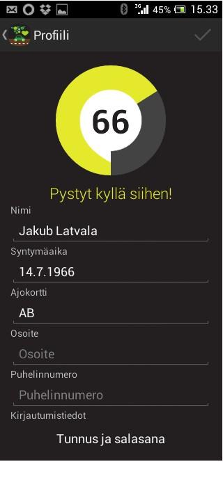 Menu -näkymä Menu näkymässä ovat kaikki valikot, joista löytyy tilin/kuljettajan asetukset, matkojen selaaminen/editointi, tankkausten lisääminen/editointi, tilin autojen tiedot, asetukset sekä