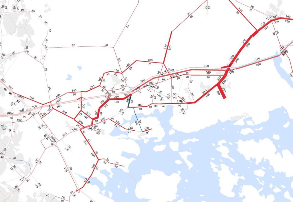 Maksimimaankäyttöskenaarion vaikutus autoliikenteen määriin aamuhuipputunnin aikana. 9.