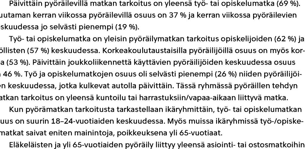 % pyöräilijöistä Työ- tai opiskelumatka Matka harrastuksiin tai vapaa-ajan