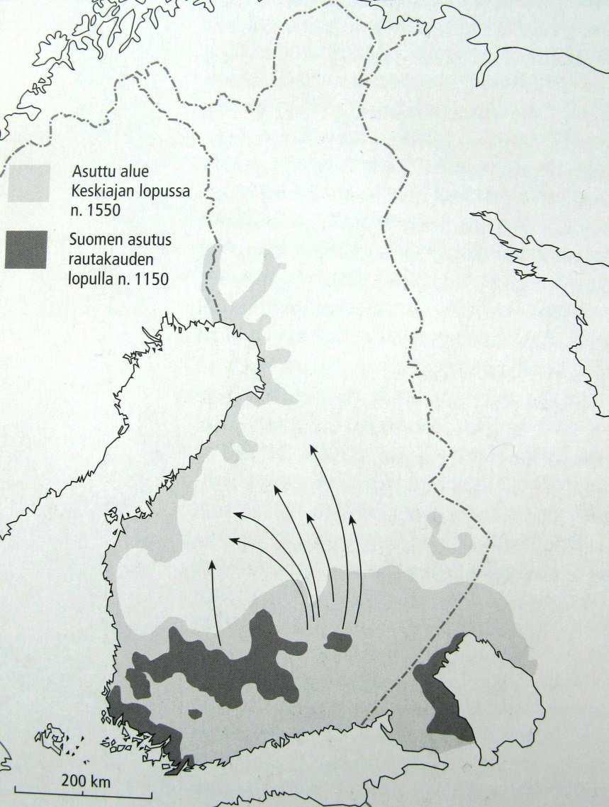 Kartta 1. Kiinteän talonpoikaisen maataloutta harjoittavan asutuksen laajeneminen keskiajalla Vahtolan (2004: 56) mukaan.