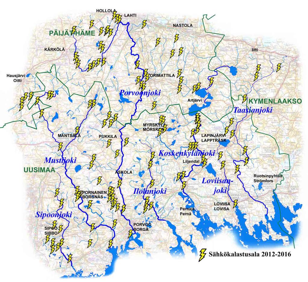 13 Jokitalkkarihankkeen viiden vuoden toiminta-aikana kalataloudellisia kunnostuksia on toteutettu 35 eri kohteessa (kartta kuvassa 13).