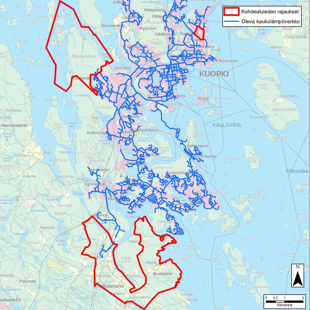 FCG SUUNNITTELU JA TEKNIIKKA OY Raportti 41 (62) 4.2.5 Kuopion kohdealueet Kuopiosta valittiin tarkempaan tarkasteluun Kelloniemen, Neulaniemen ja Hiltulanlahden-Vanuvuoren itäpuolen alueet.