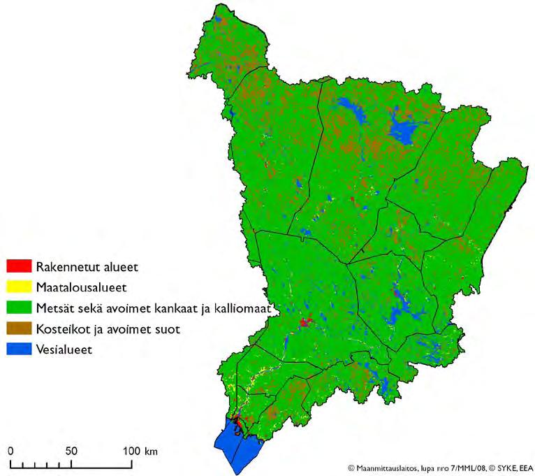 Kuva 3.1.5. Maankäyttö Kemijoen vesienhoitoalueella. Vesienhoitoalueesta noin 79 % on metsää tai avointa kangasta, ja noin 15 % on avosuota tai muita maa-alueita.