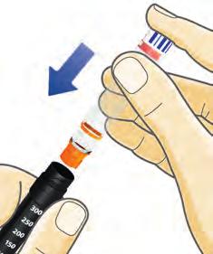 3 Ota uusi insuliinisäiliö. Pidä mustaa säiliön pidintä kädessäsi ja anna säiliön liukua säiliön pitimen sisään kierteinen kanta edellä kuten kuvassa. Säiliösi väri saattaa olla eri kuin kuvassa.