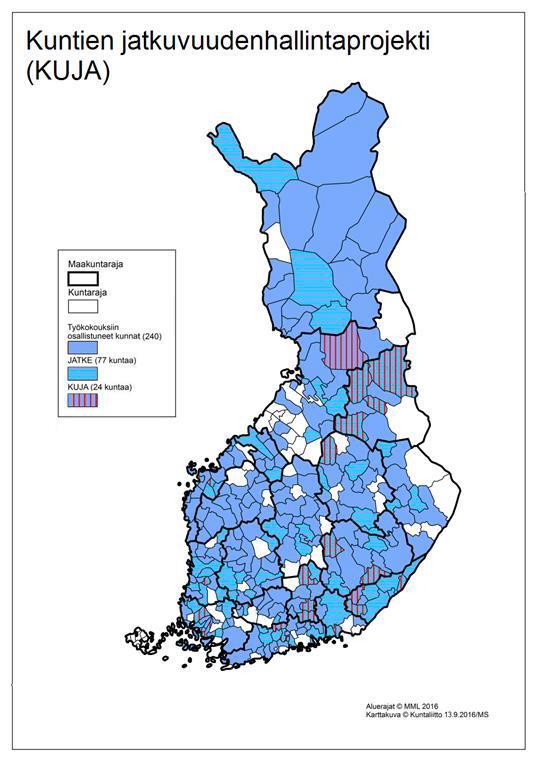 KUJA-projekti: 240 kuntaa - yli 1500 henkilöä Hankkeessa luotiin 2014-2016 kunnille sekä näihin liittyville kriittisille palvelu-ja toimintoketjuille jatkuvuudenhallinnan kokonaiskonsepti, sisältäen