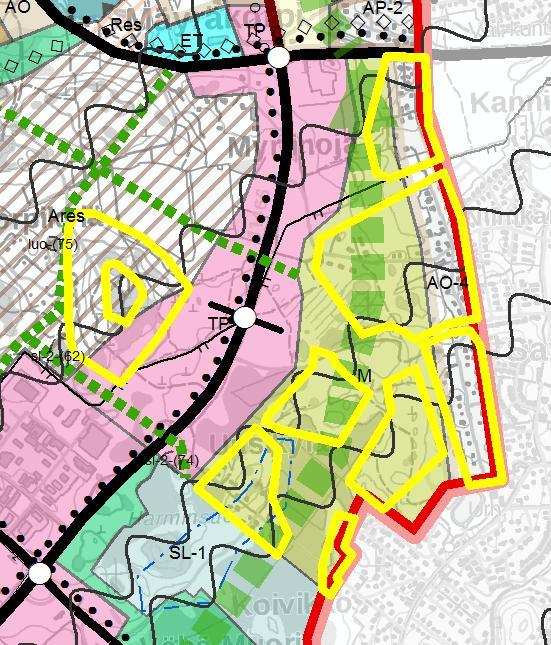 Yleiskaava 2040, alustava ehdotus Korkeimman hallintooikeuden Rykmentinpuiston osayleiskaavasta kumoamat alueet keltaisella.