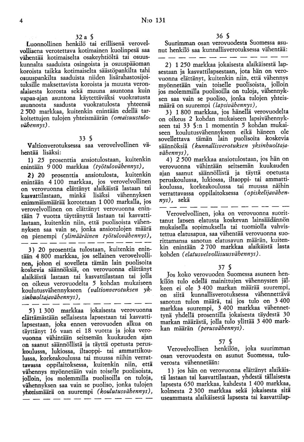 4 N:o 131 32 a Luonnollinen henkilö tai erillisenä verovelvollisena verotettava kotimainen kuolinpesä saa vähentää kotimaiselta osakeyhtiöltä tai osuuskunnalta saaduista osingoista ja osuuspääoman