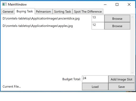 Ostamistehtävä MainWindow General Buying Task Pelmaism Sorting Task Spot The Difference Browse Current File Budget Total Add Image Slot Load Save Pääikkuna Yleinen Ostamistehtävä Muistipeli