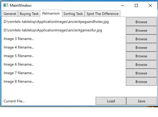 Muistipeli MainWindow General Buying Task Pelmaism Sorting Task Spot The Difference Browse Current File Image filename Load Save Pääikkuna