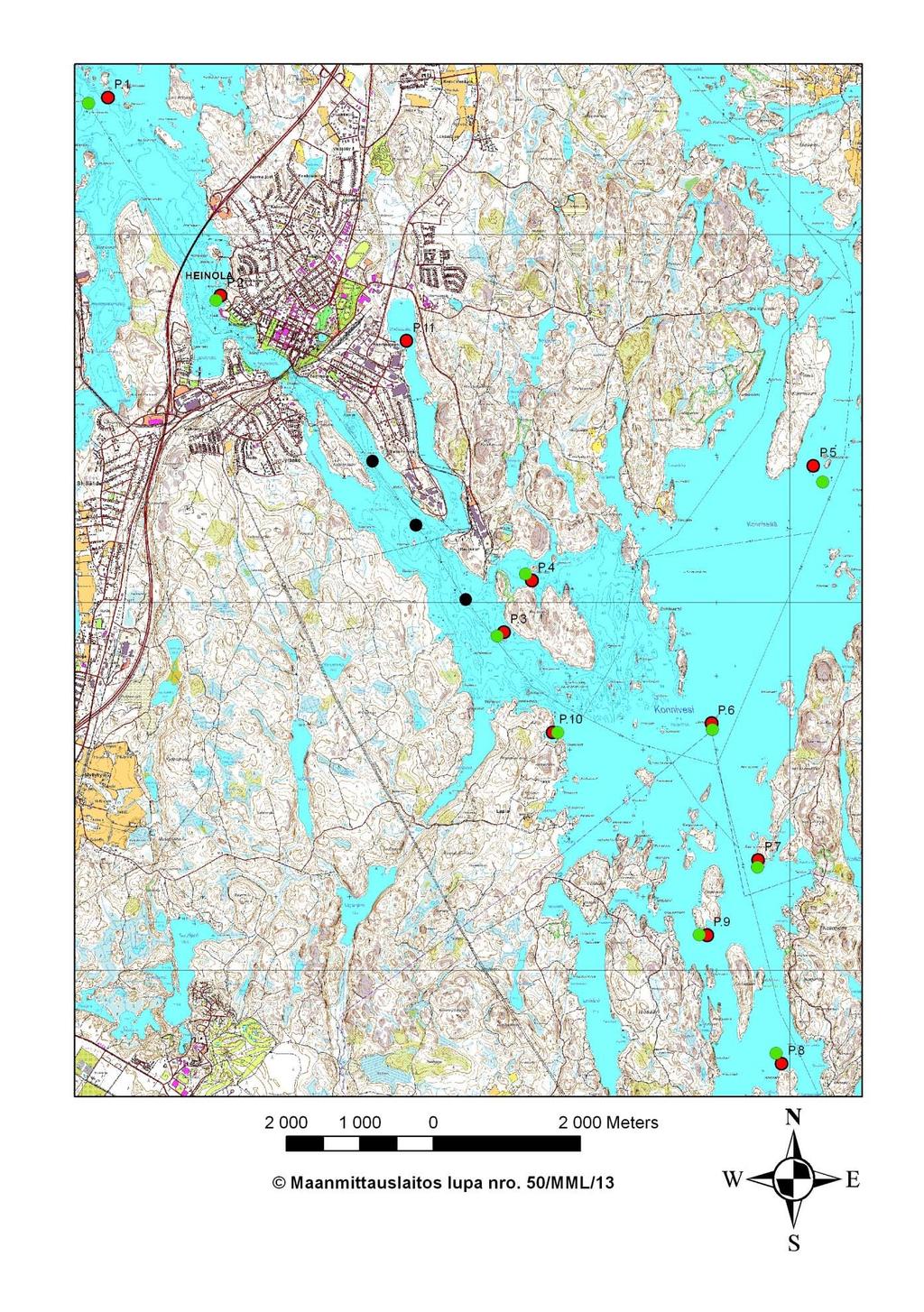 Kuva 1. Konniveden perifyton- (vihreät pisteet) ja rantavyöhyketutkimuksien (punaiset pisteet) näytepisteiden sijainti.