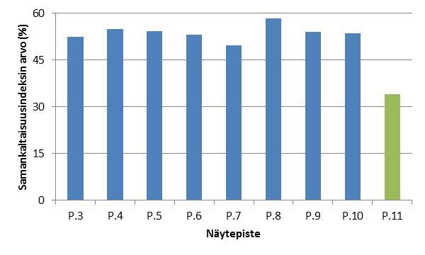 Ryhmittelyanalyysin perusteella Konnivesi-Ruotsalaisen näytepisteet olivat ryhmiteltävissä surviaissääskilajiston perusteella kolmeen ryhmään (Kuva 11).