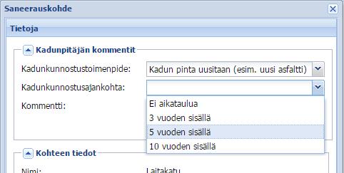 Saneeraustarpeen arviointityökalu - Toiminta Kommentoimisen lisäksi saneerausalueelle on mahdollista merkitä tulevat katukunnostustoimenpiteet