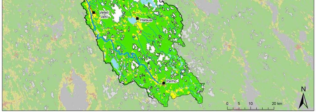 (Corine 2000) Rakennetut alueet Perhonjoen vesistöalueella sijoittuvat pääosin pääuoman varrelle.