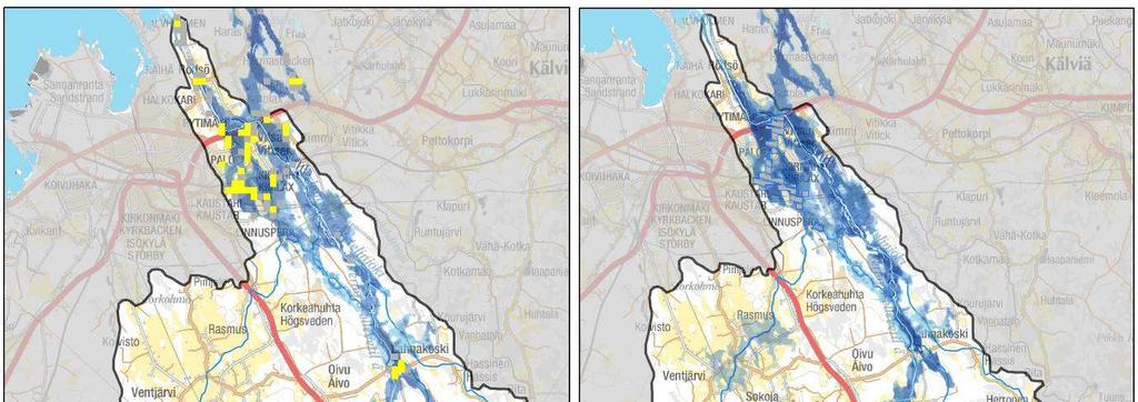Tulvariskiruutujen ja niistä johdettavien tulvariskialueiden avulla (kts. Kappale 5) voidaan arvioida väestölle ja rakennuskannalle aiheutuva tulvariski alueella.