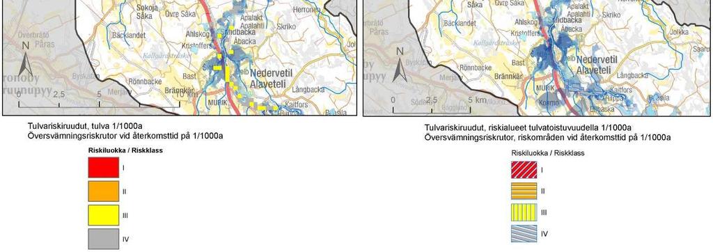 Perhonjoen alaosan tulvavaarakartoituksen tulva-alueella (1/1000 vuotta) olevat tulvariskiruudut ja tulvariskialueet.