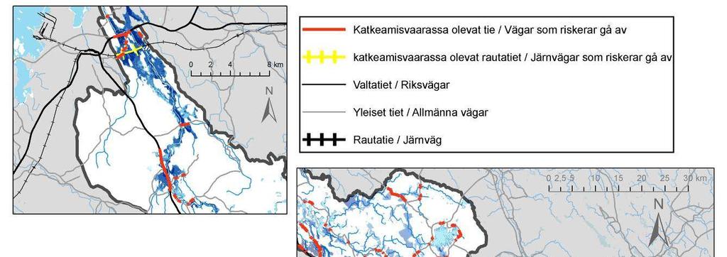 Kuva 22. Pääväylät (mustat viivat) ja niiden mahdolliset katkeamiskohdat (punaiset viivat) Perhonjoen vesistöalueella.
