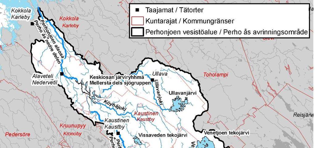 Kuva 3. Perhonjoen vesistöalue ja alueen kunnat. ( SYKE; kuntarajat Maanmittauslaitos lupa nro 7/MML/09) Taulukko 1. Perhonjoen vesistöalueen suurimmat sivujoet.