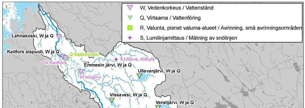 Kuva 6. Perhonjoen vesistöalueen hydrologinen havaintoverkko: Q = virtaama-asema (vihreä), W = vedenkorkeusasema (violetti).
