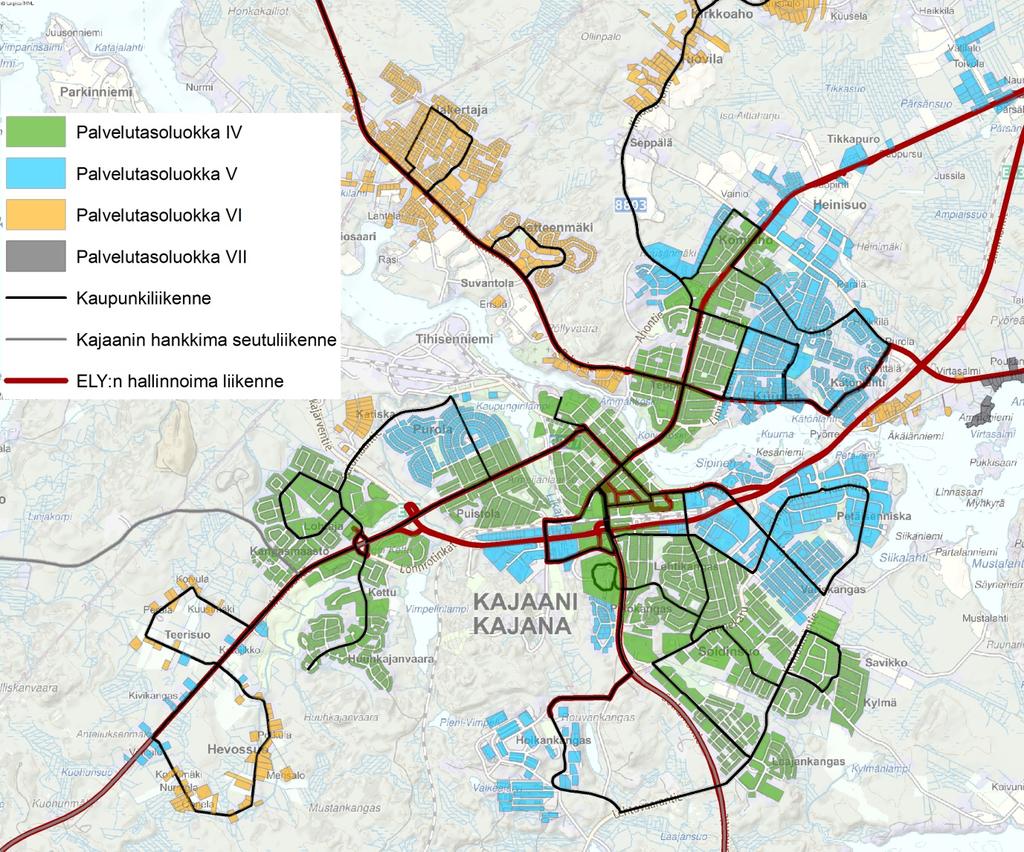 14 5.2 Palvelutasotavoitteet Kajaanin palvelutasotavoitteita asetettaessa sovelletaan hieman liikenneviraston asettamia suosituksia ja sunnuntailiikenne jätetään kriteeristön ulkopuolelle.