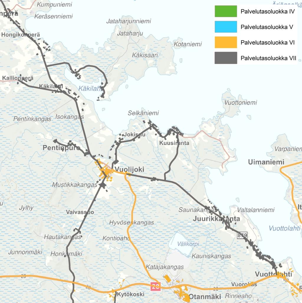 15 Kajaanin kaupunkiliikennealueen palvelutasotavoitteet asettuvat luokkiin IV-VI. Korkeimpaan luokkaan IV kuuluu pääsääntöisesti nykyisen linjan 1 vaikutusalue.