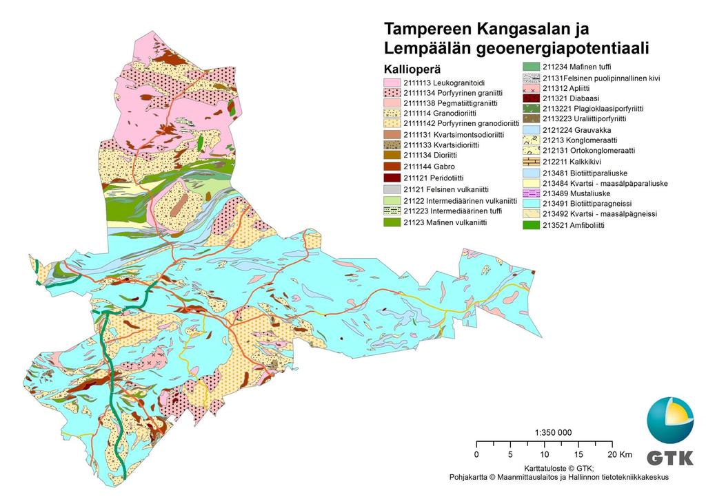 Kuva 2. Tampereen, Kangasalan ja Lempäälän kallioperäkartta.