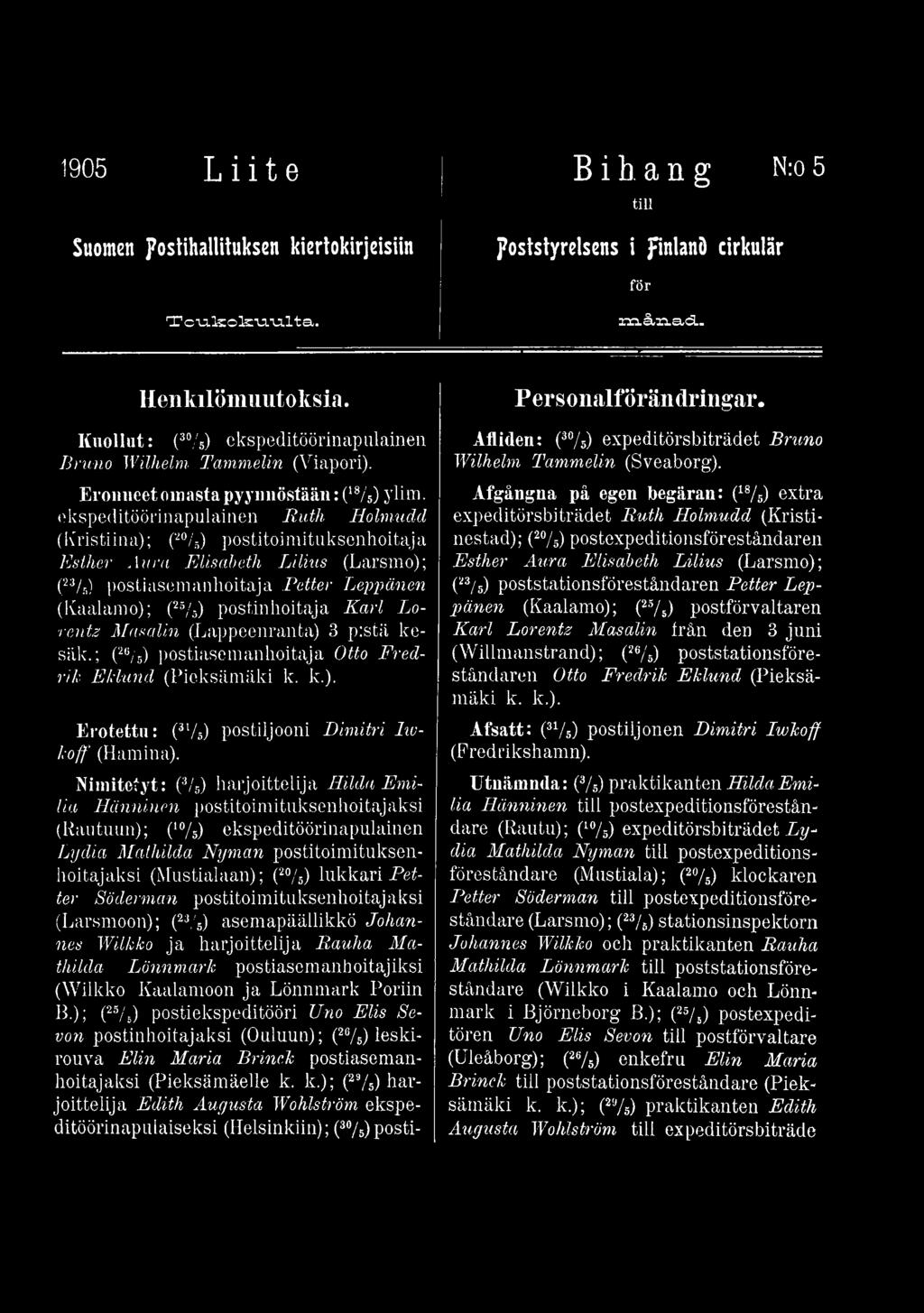 Nimitetyt: (3/3) harjoittelija Hilda Emilia Hänninen postitoimituksenhoitajaksi (Rautuun); ('%) ekspeditöörinapulainen Lydia Mathilda Nyman postitoimituksenhoitajaksi (Mustialaan); (2%) lukkari