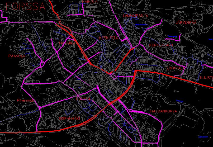 Kuva 23. Pää-, alue- ja paikallisverkot. 5 KEHITYSEHDOTUKSET Palveluiden saavutettavuutta pyörällä voidaan parantaa huomattavasti muutamalla uudella yhteydellä.