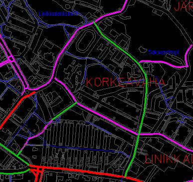 Kuva 35. Saksankatu on kuvan oikeassa laidassa oleva pitkä katuosuus vihreällä. Saksankadulla on Hämeentieltä katsottuna vasemmalla puolella jalankulkuväylä koko matkalla.